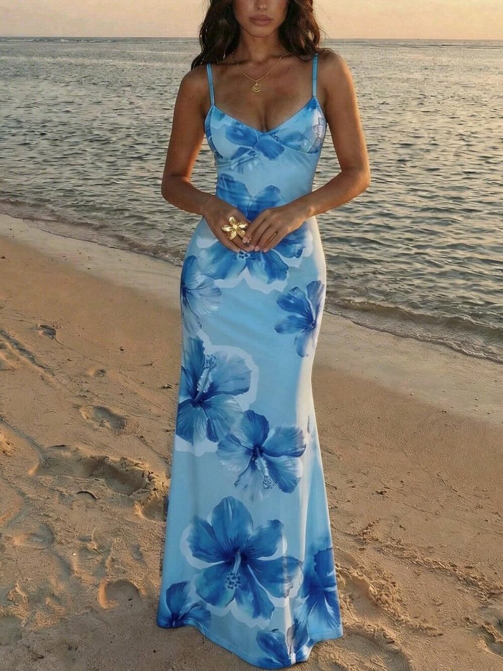 Blue Elegant Women's Vacation Spaghetti Strap Tie-Up Bodycon Printed Dress